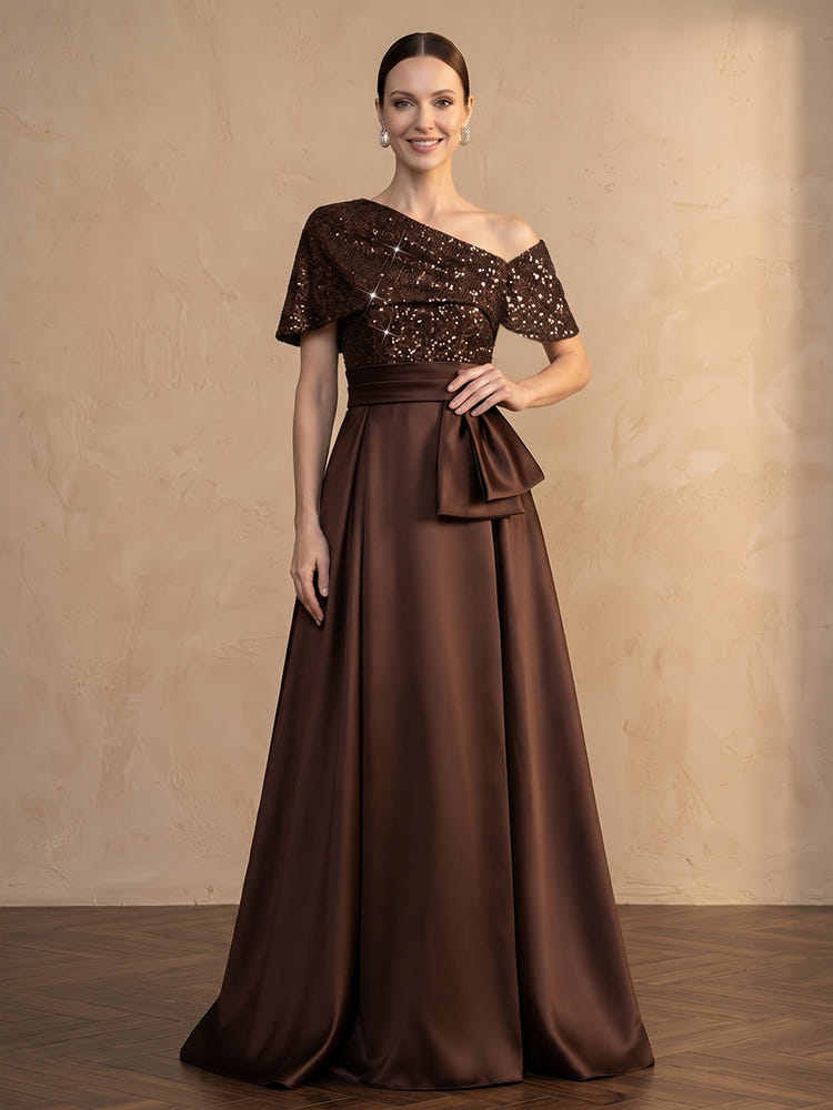 Satin A-Line One Shoulder Maxi Mother of the Bride Dresses with Sequins