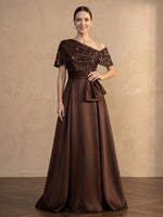 Satin A-Line One Shoulder Maxi Mother of the Bride Dresses with Sequins