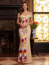 Satin Mermaid Off Shoulder Maxi Mother of the Bride Dresses with Floral Lace Applique