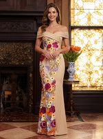 Satin Mermaid Off Shoulder Maxi Mother of the Bride Dresses with Floral Lace Applique