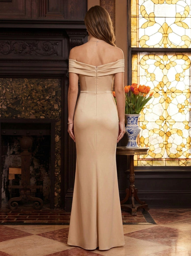 Satin Mermaid Off Shoulder Maxi Mother of the Bride Dresses with Floral Lace Applique