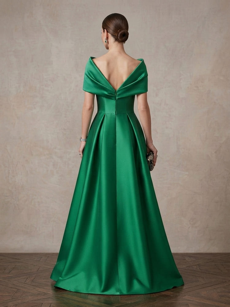 Satin A-Line Off Shoulder Maxi Mother of the Bride Dresses with Pleated