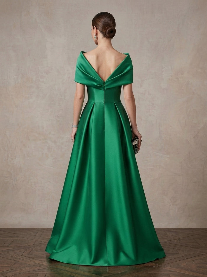 Satin A-Line Off Shoulder Maxi Mother of the Bride Dresses with Pleated