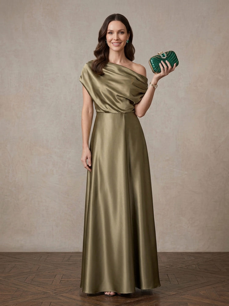 Satin A-Line One Shoulder Maxi Mother of the Bride Dresses with Ruched