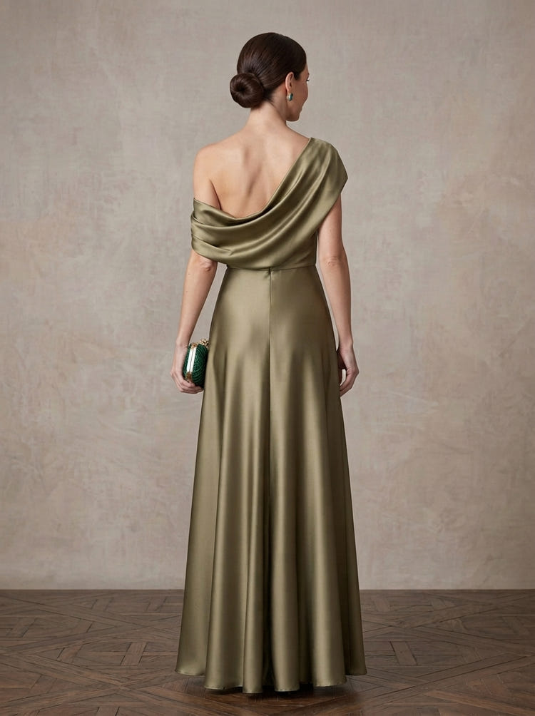 Satin A-Line One Shoulder Maxi Mother of the Bride Dresses with Ruched