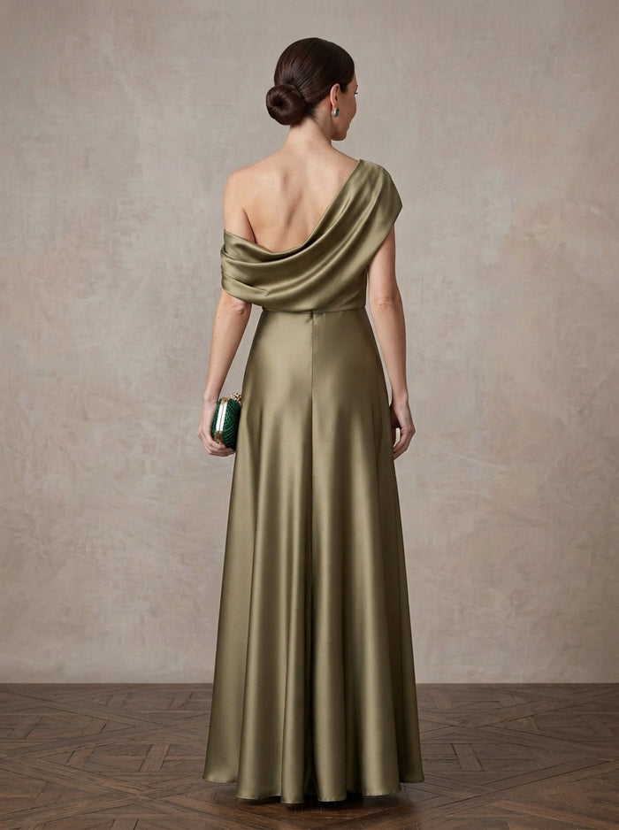 Satin A-Line One Shoulder Maxi Mother of the Bride Dresses with Ruched