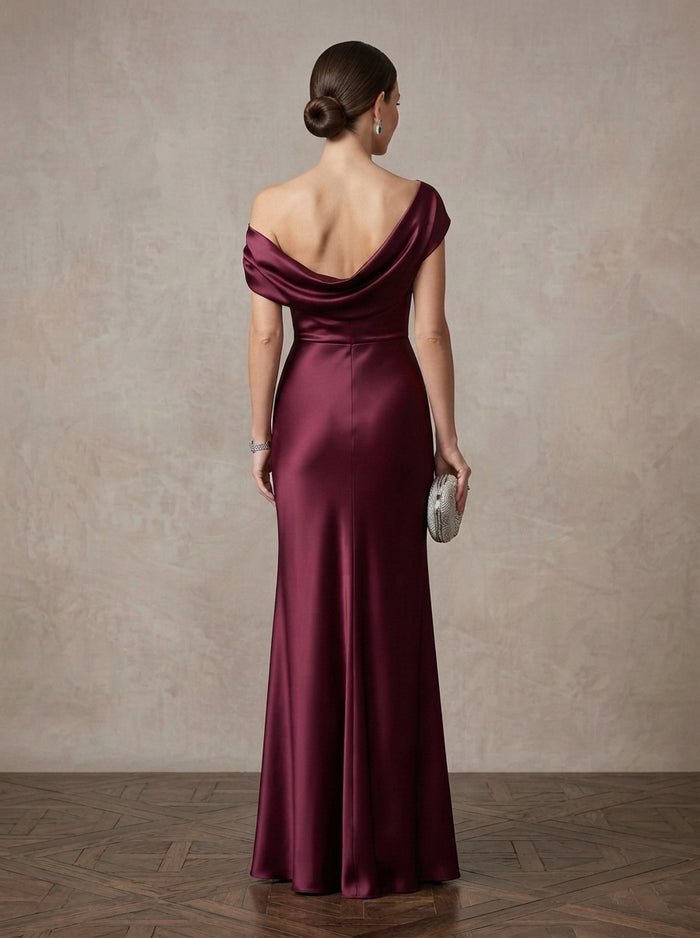 Satin Mermaid One Shoulder Maxi Mother of the Bride Dresses with Side Waist Ruched