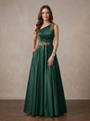 Satin A-Line One Shoulder Maxi Mother of the Bride Dresses with Lace Applique
