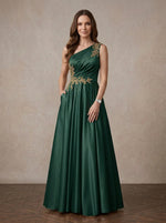 Satin A-Line One Shoulder Maxi Mother of the Bride Dresses with Lace Applique