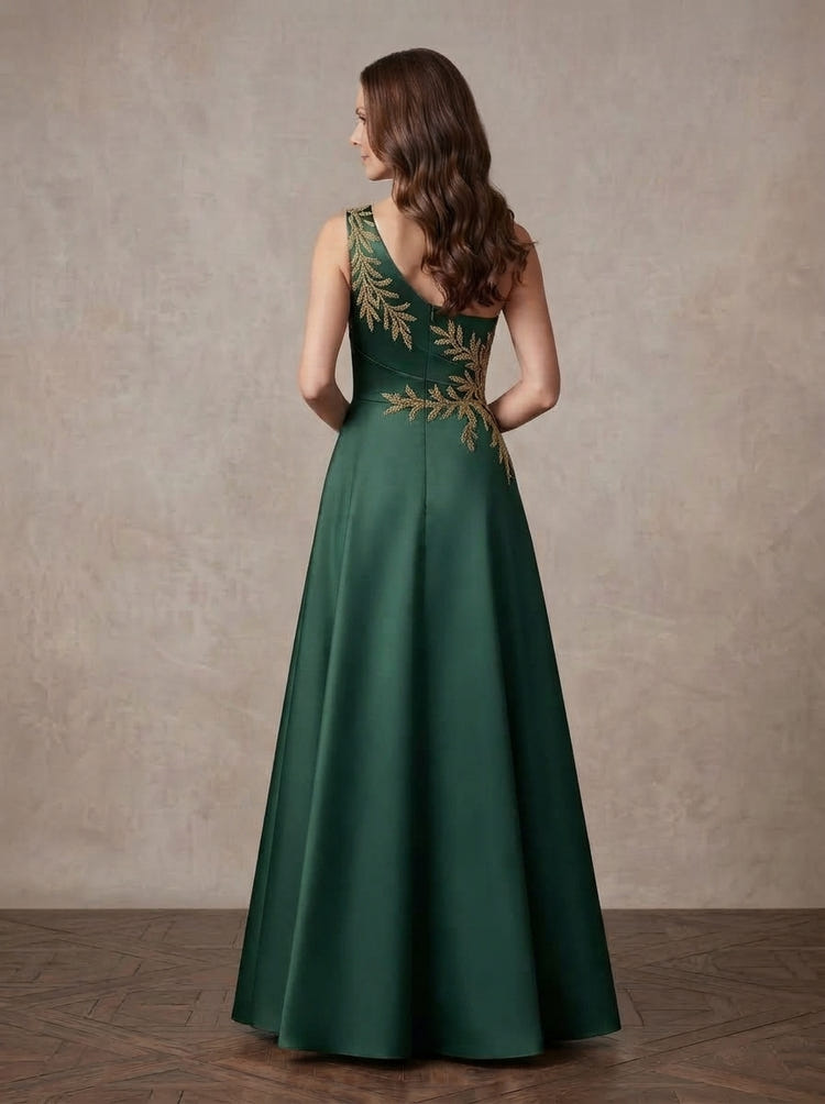 Satin A-Line One Shoulder Maxi Mother of the Bride Dresses with Lace Applique