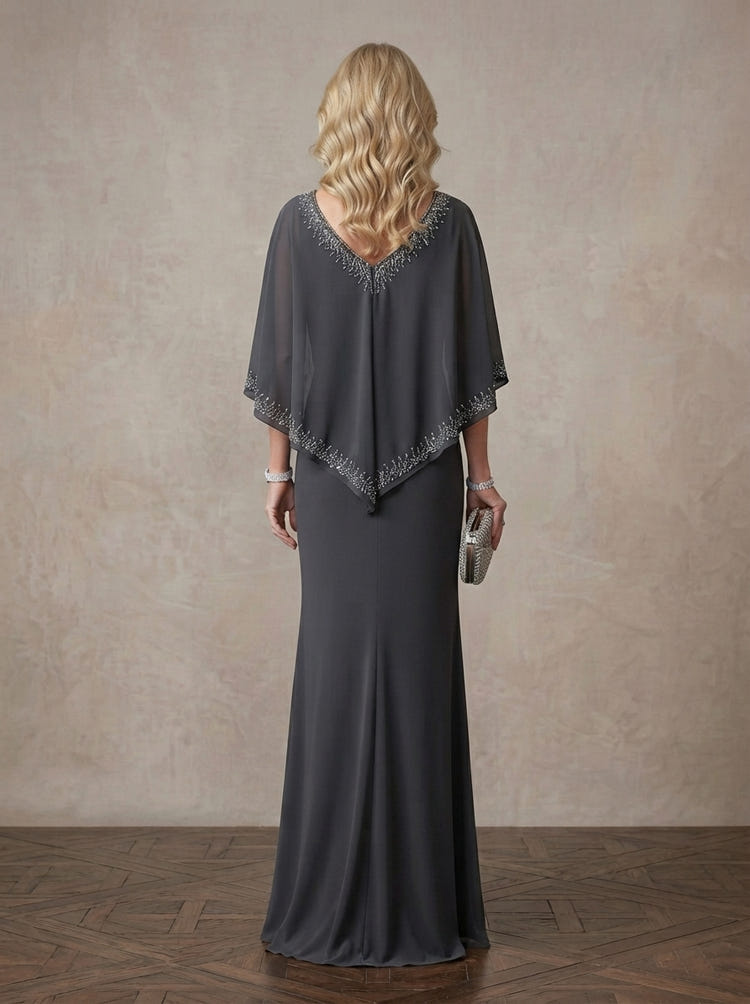 Chiffon Mermaid V Neck Maxi Mother of the Bride Dresses with Rhinestone