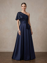 Satin A-Line One Shoulder Maxi Mother of the Bride Dresses with Sequins