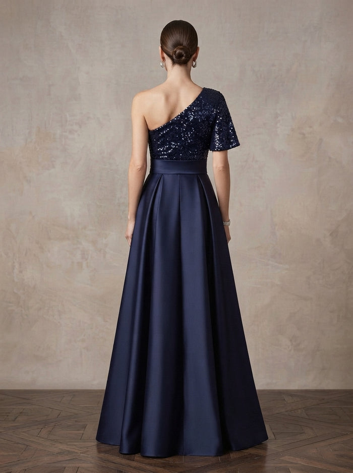 Satin A-Line One Shoulder Maxi Mother of the Bride Dresses with Sequins