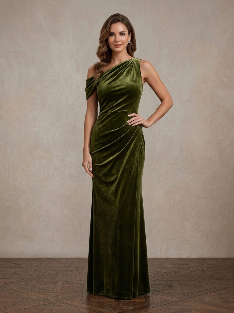 Velvet Mermaid One Shoulder Maxi Mother of the Bride Dresses with Ruched