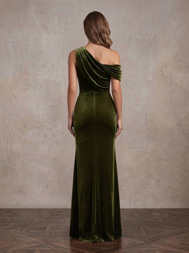 Velvet Mermaid One Shoulder Maxi Mother of the Bride Dresses with Ruched