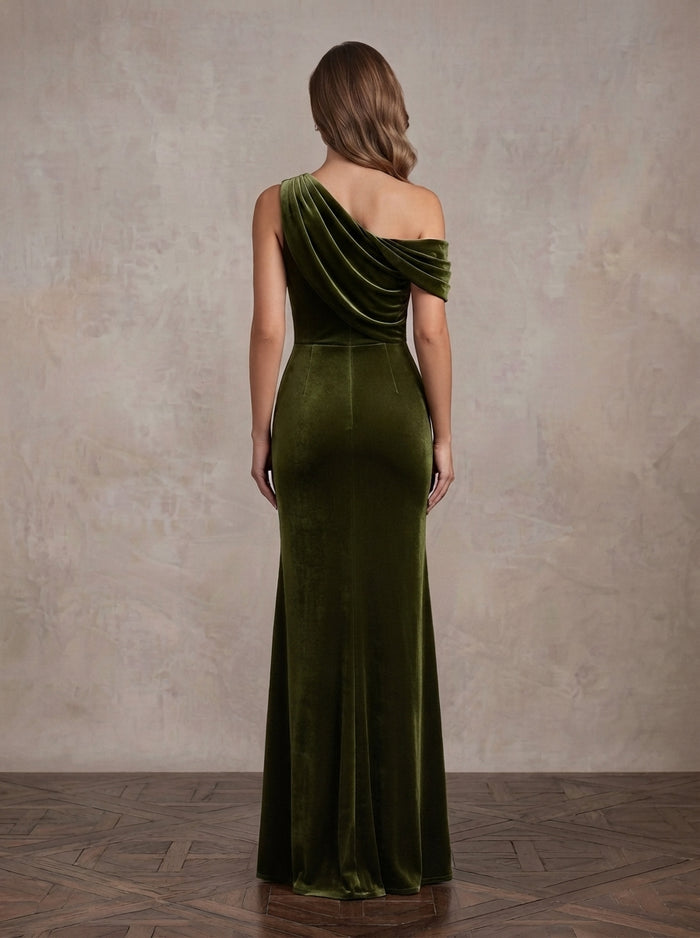 Velvet Mermaid One Shoulder Maxi Mother of the Bride Dresses with Ruched