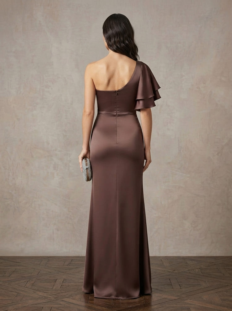 Satin Mermaid One Shoulder Maxi Mother of the Bride Dresses with Side Waist Ruched