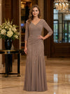 Chiffon A-Line V Neck Maxi Mother of the Bride Dresses with Floral Lace Applique