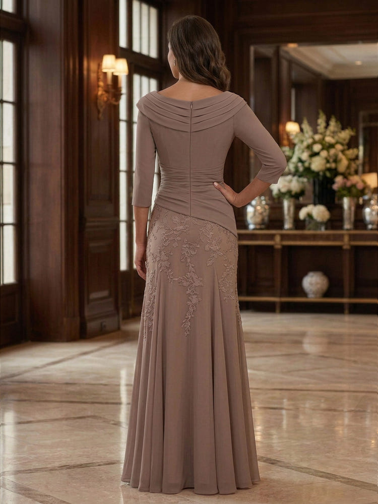 Chiffon A-Line V Neck Maxi Mother of the Bride Dresses with Floral Lace Applique