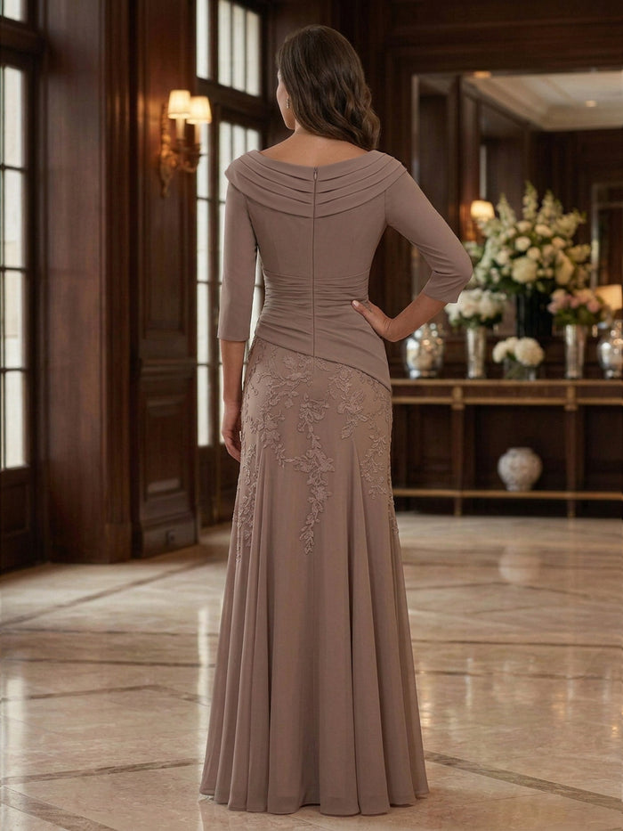 Chiffon A-Line V Neck Maxi Mother of the Bride Dresses with Floral Lace Applique