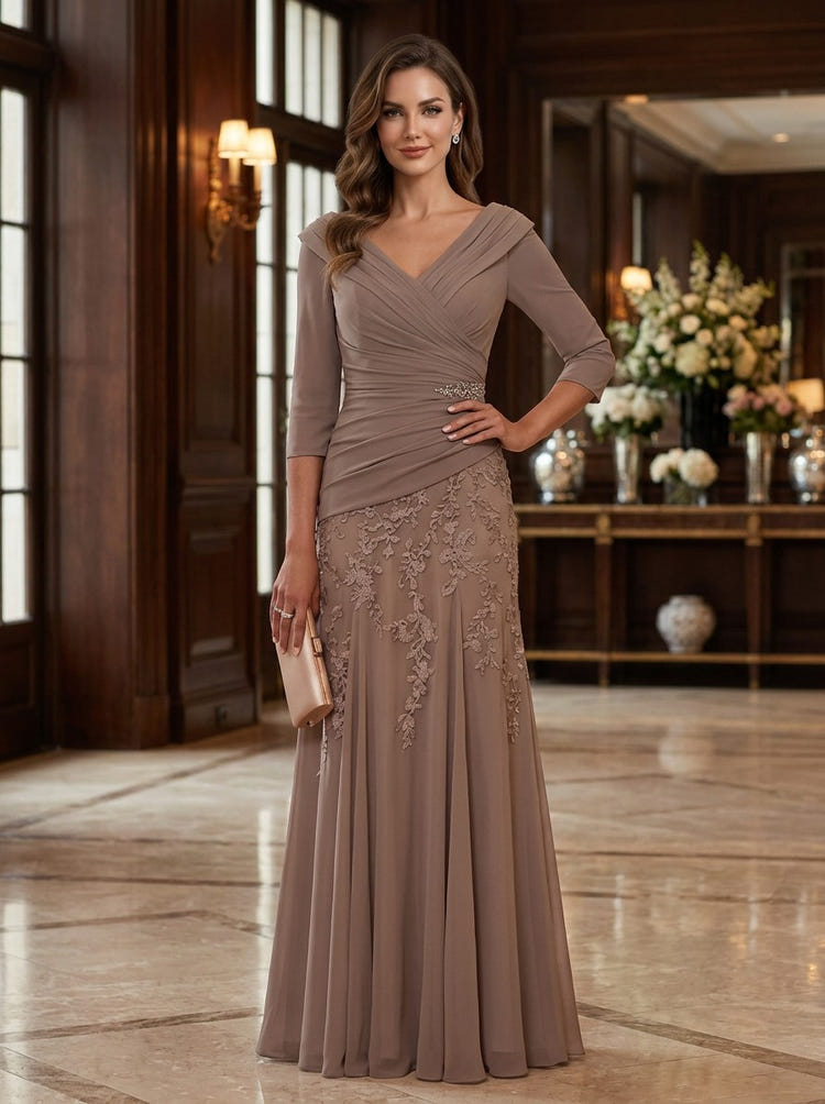 Chiffon A-Line V Neck Maxi Mother of the Bride Dresses with Floral Lace Applique