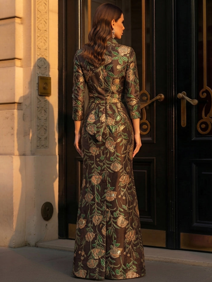 Jacquard Sheath Stand Collar Maxi Mother of the Bride Dresses with Bow