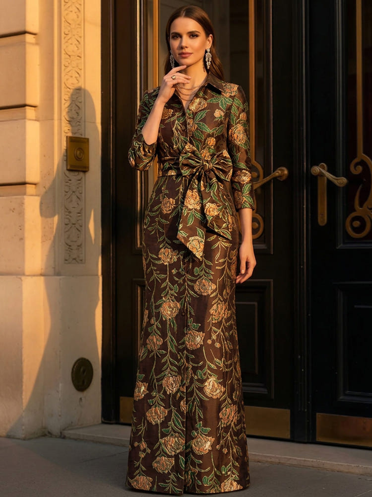 Jacquard Sheath Stand Collar Maxi Mother of the Bride Dresses with Bow