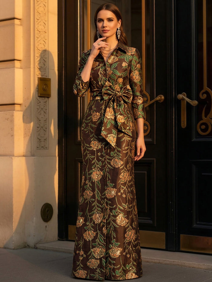 Jacquard Sheath Stand Collar Maxi Mother of the Bride Dresses with Bow