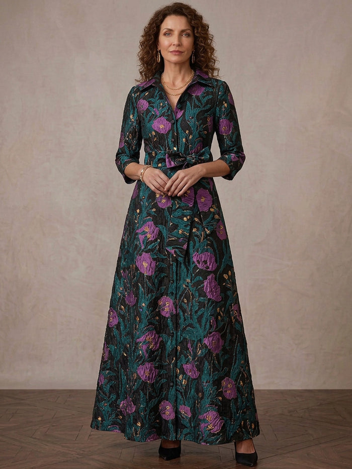 Jacquard A-Line Stand Collar Maxi Mother of the Bride Dresses with Bow