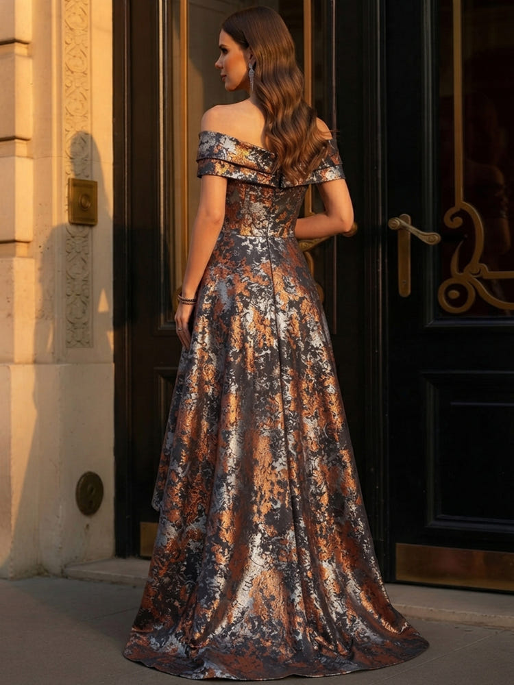 Jacquard A-Line Off Shoulder Maxi Mother of the Bride Dresses with Pleated