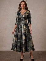 Jacquard A-Line Stand Collar Midi Mother of the Bride Dresses with Pleated