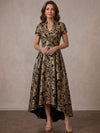 Jacquard A-Line Stand Collar Midi Mother of the Bride Dresses with Pleated