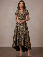 Jacquard A-Line Stand Collar Midi Mother of the Bride Dresses with Pleated