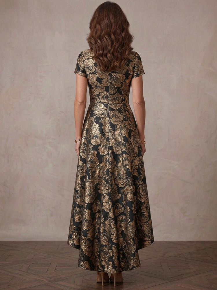 Jacquard A-Line Stand Collar Midi Mother of the Bride Dresses with Pleated
