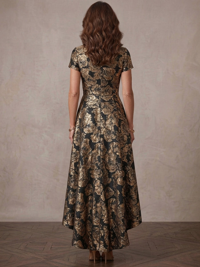 Jacquard A-Line Stand Collar Midi Mother of the Bride Dresses with Pleated