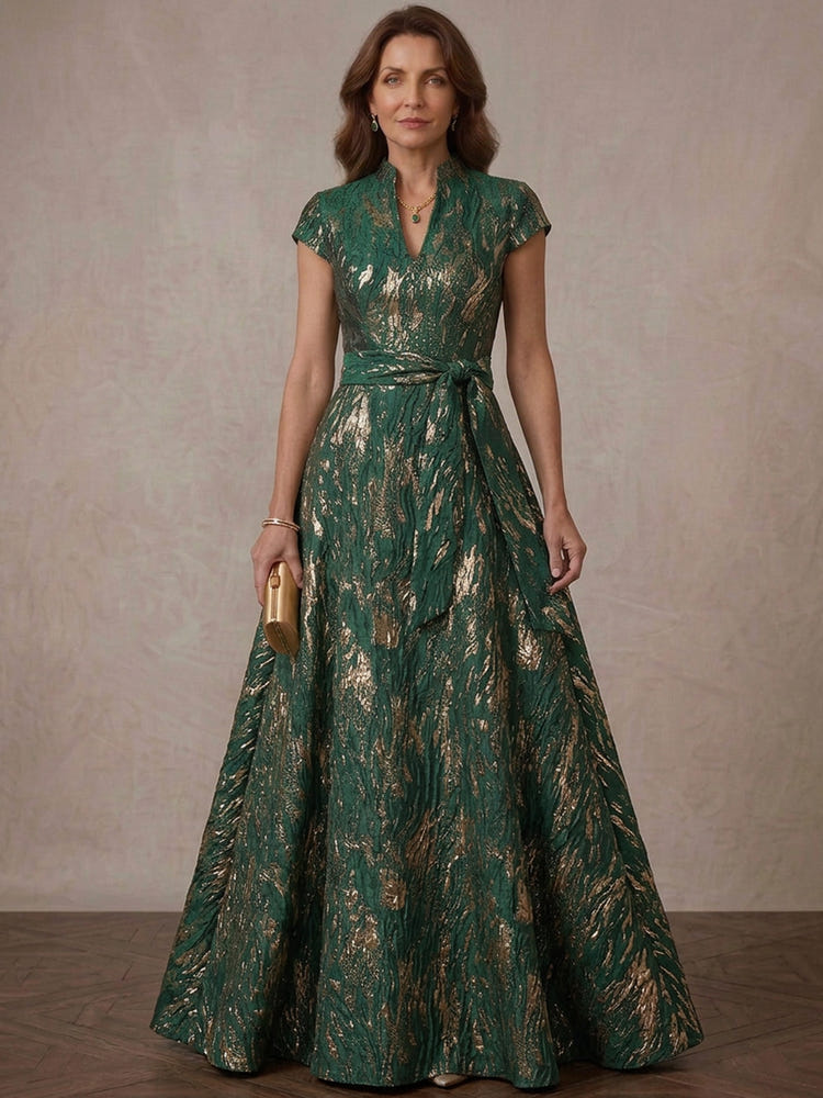 Jacquard A-Line Stand Collar Maxi Mother of the Bride Dresses with Self-Tie Sash Belt