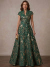 Jacquard A-Line Stand Collar Maxi Mother of the Bride Dresses with Self-Tie Sash Belt