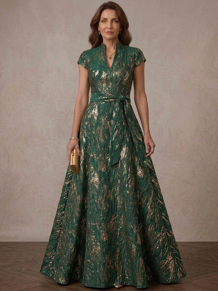 Jacquard A-Line Stand Collar Maxi Mother of the Bride Dresses with Self-Tie Sash Belt