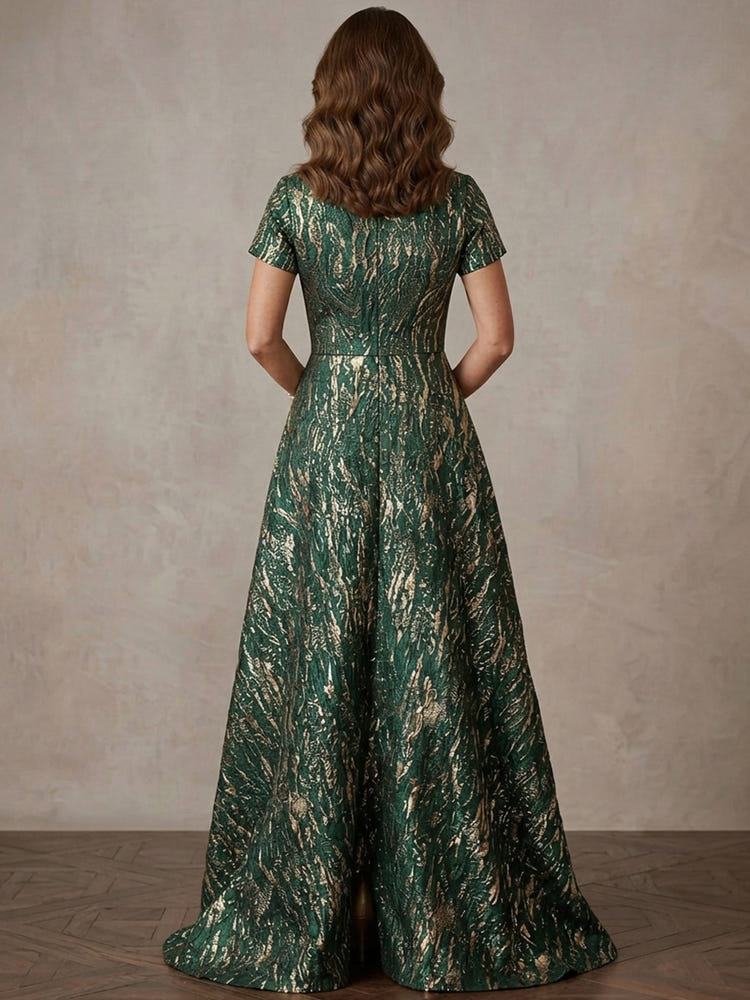 Jacquard A-Line Stand Collar Maxi Mother of the Bride Dresses with Self-Tie Sash Belt