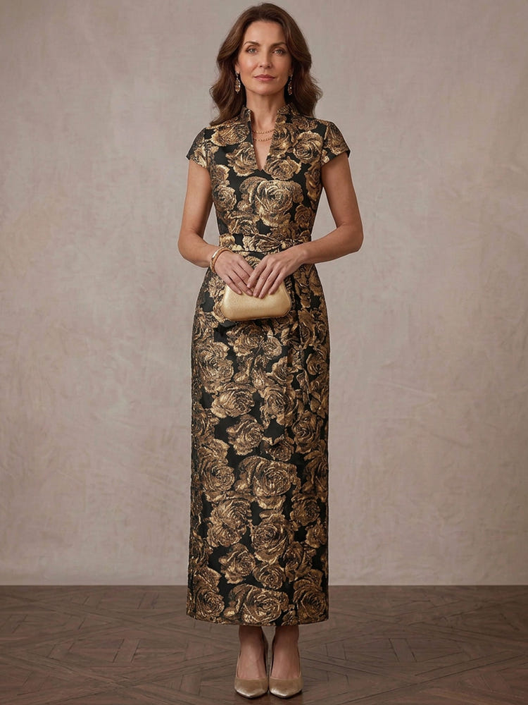 Jacquard Sheath Stand Collar Midi Mother of the Bride Dresses with Floral