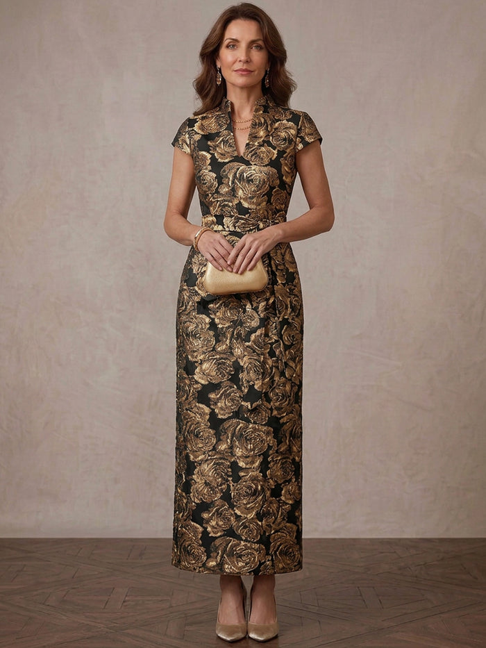 Jacquard Sheath Stand Collar Midi Mother of the Bride Dresses with Floral