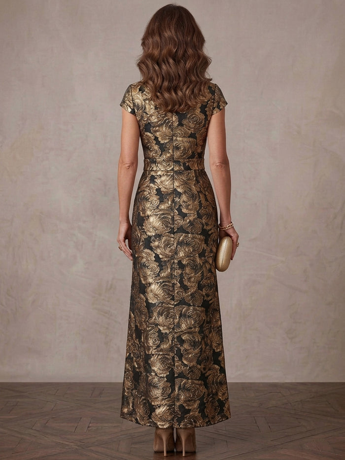 Jacquard Sheath Stand Collar Midi Mother of the Bride Dresses with Floral
