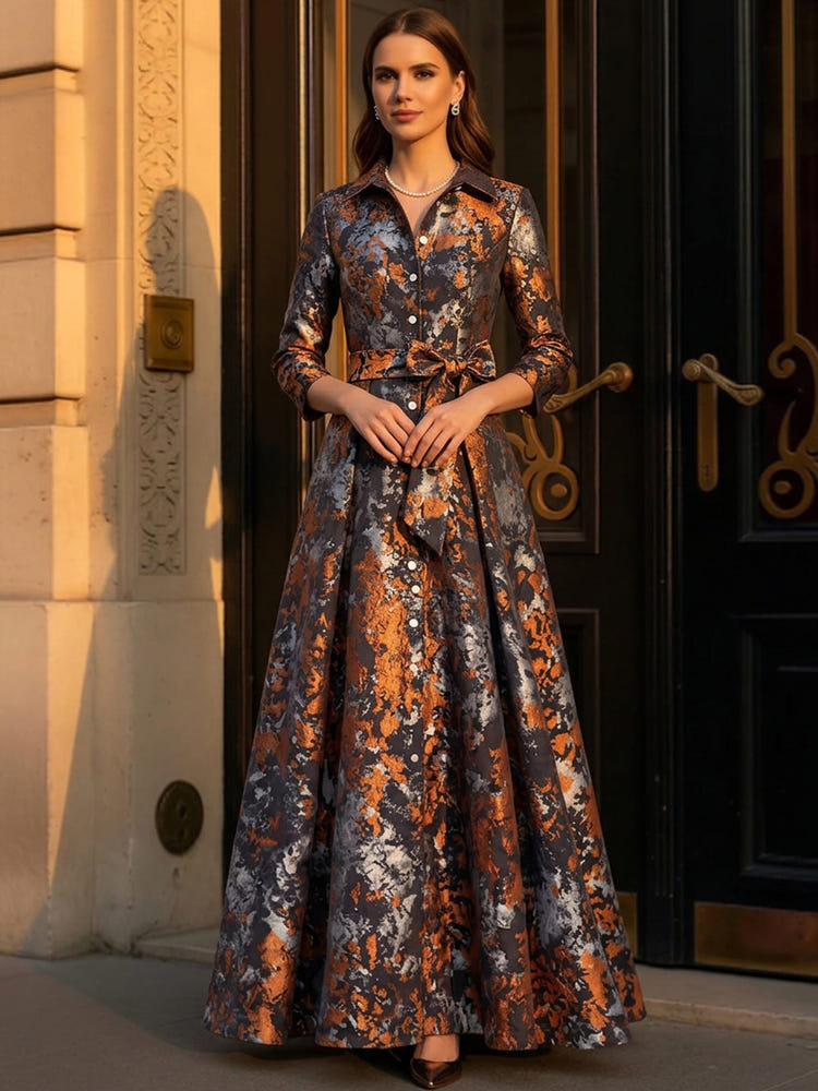 Jacquard A-Line Stand Collar Maxi Mother of the Bride Dresses with Bow