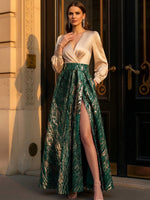 Jacquard A-Line V Neck Maxi Mother of the Bride Dresses with Pleated