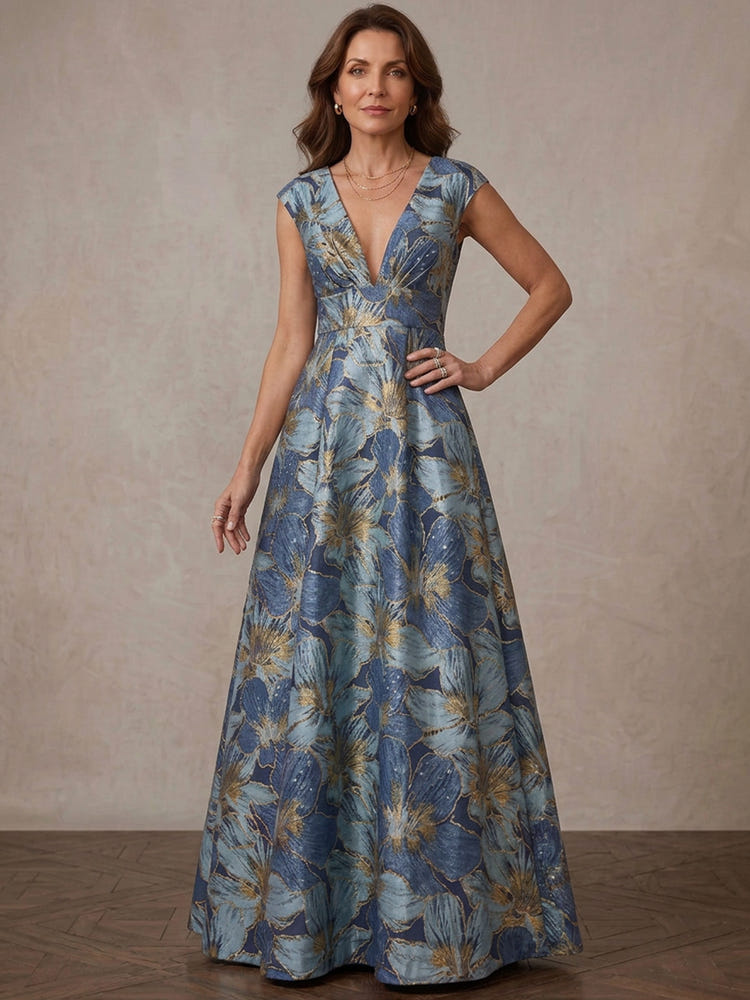 Jacquard A-Line V Neck Maxi Mother of the Bride Dresses with Floral