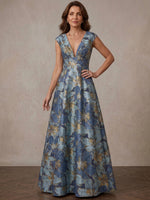 Jacquard A-Line V Neck Maxi Mother of the Bride Dresses with Floral