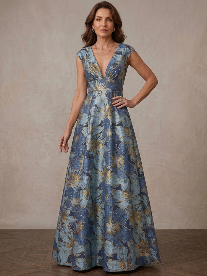 Jacquard A-Line V Neck Maxi Mother of the Bride Dresses with Floral