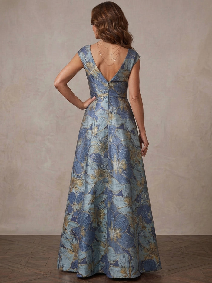 Jacquard A-Line V Neck Maxi Mother of the Bride Dresses with Floral
