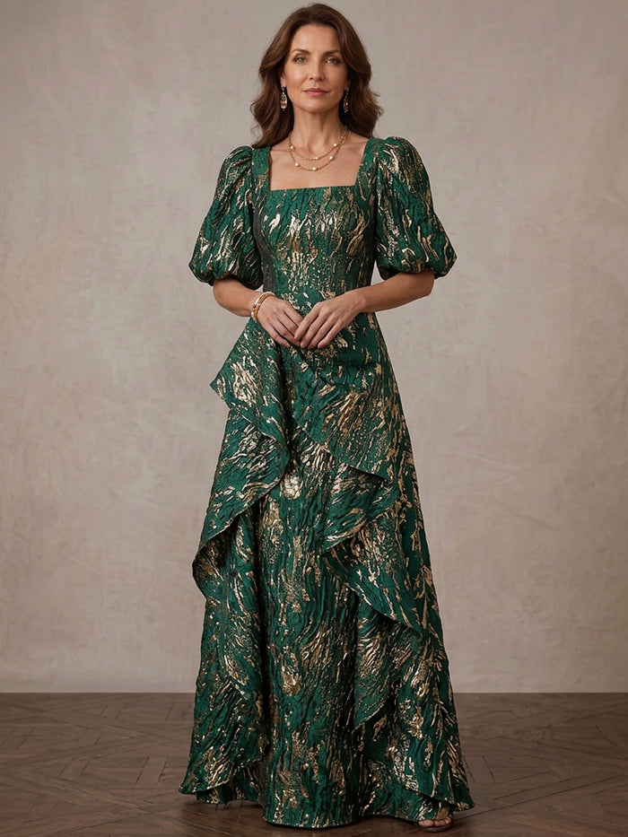 Jacquard A-Line Square Neck Maxi Mother of the Bride Dresses with Ruffles