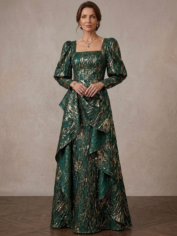 Jacquard A-Line Square Neck Maxi Mother of the Bride Dresses with Ruffles
